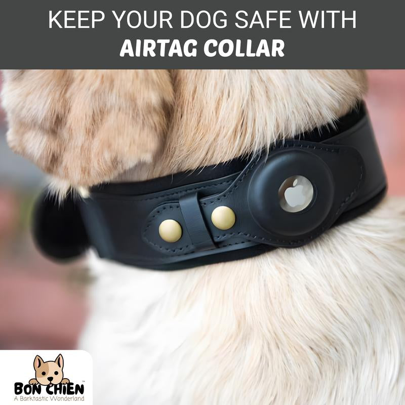 Bon Chien Leather Dog Collar with Apple Airtag Holder- Secure and Track Your Beloved Pets-Premium Pet Accessory for Dogs- Waterproof and Adjustable Dog Collar
