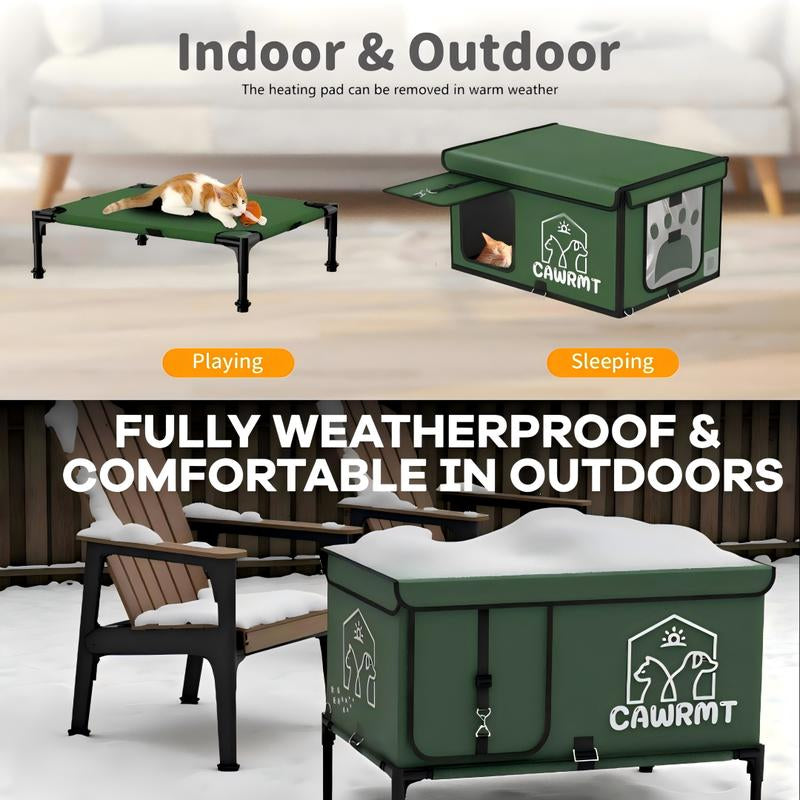 CAWRMT New Upgraded Winter Outdoor Heated Cat House, Detachable, High Leg Design, Insulated Outdoor Cat House Weatherproof with Pet Heating Pad, Suitable for Outdoor Feral Cats and Kittens Shelter