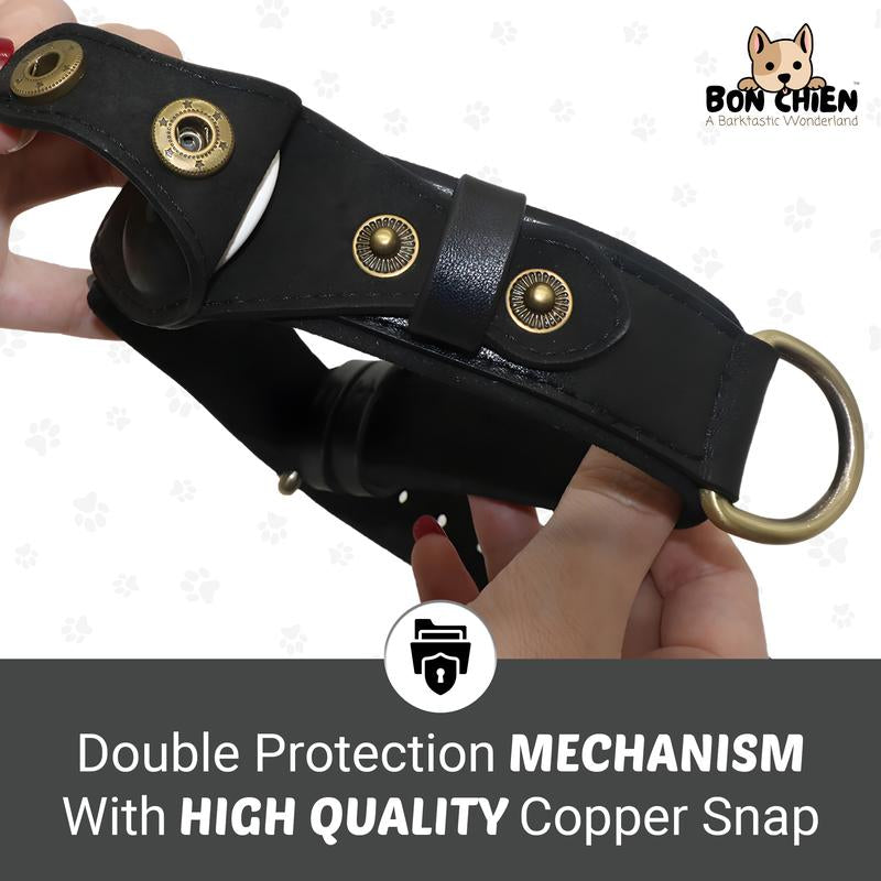 Bon Chien Leather Dog Collar with Apple Airtag Holder- Secure and Track Your Beloved Pets-Premium Pet Accessory for Dogs- Waterproof and Adjustable Dog Collar